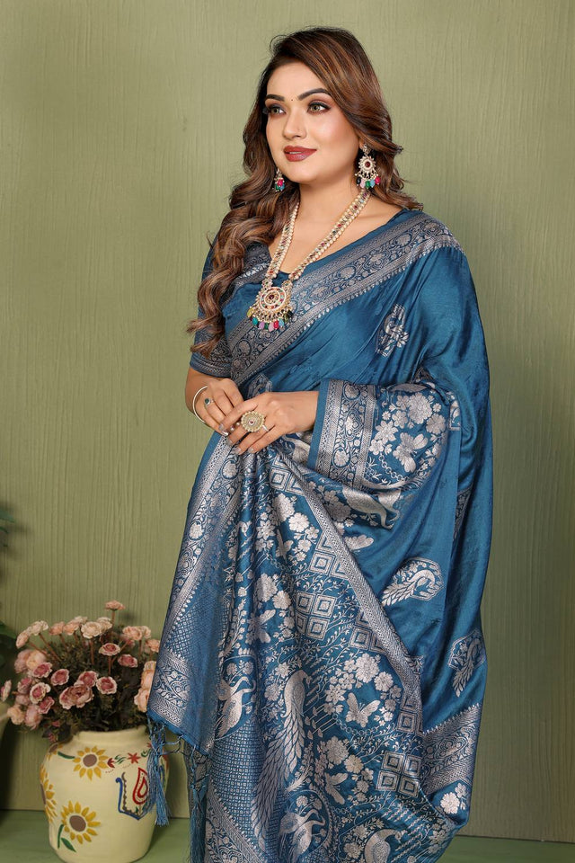 Turquoise Woven Satin Saree