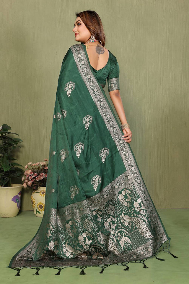 Green Woven Satin Saree