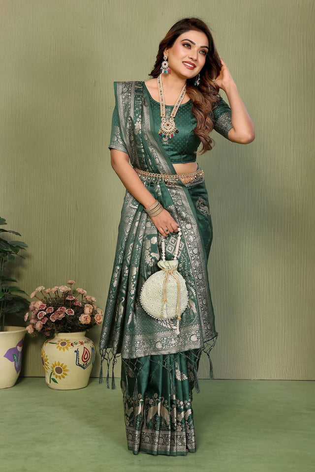 Green Woven Satin Saree