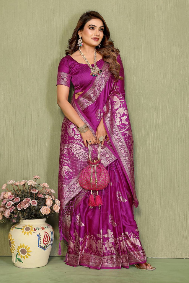 Magenta Woven Satin Saree