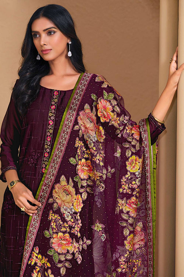 Wine Floral Embroidered Chinon Straight Cut Suits