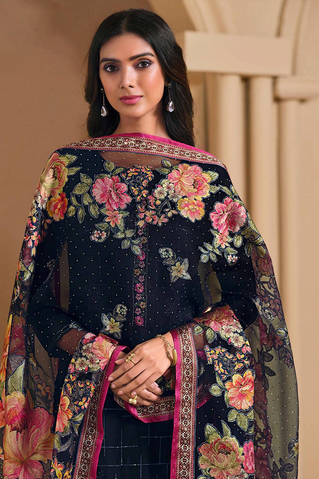 Blue Floral Embroidered Chinon Straight Cut Suits
