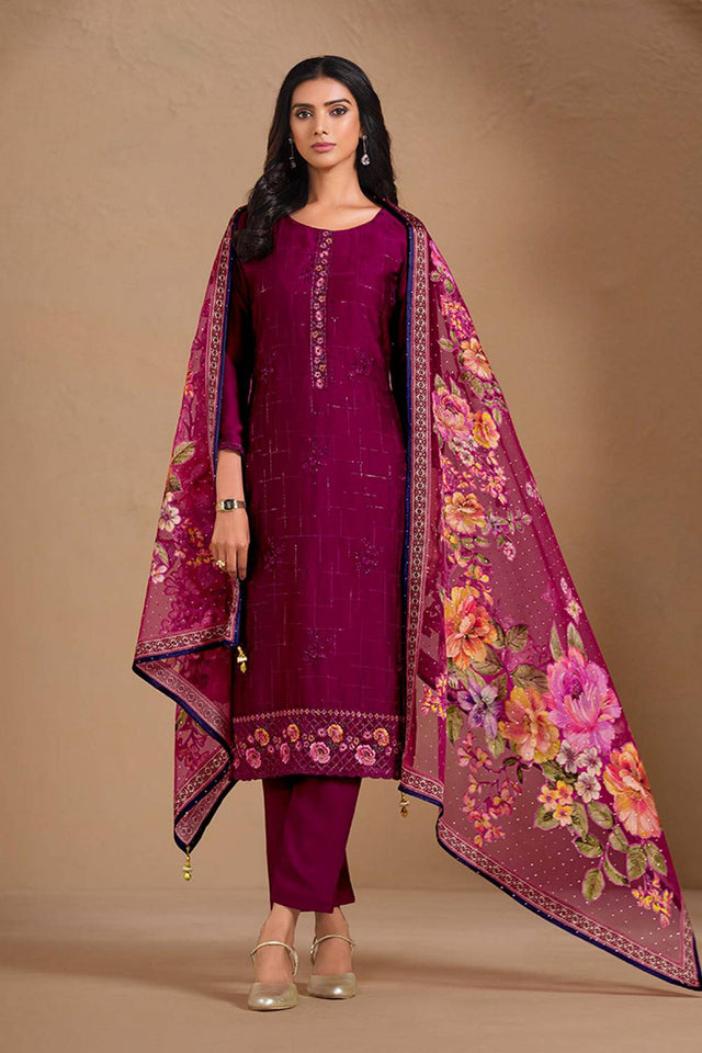 Violet Floral Embroidered Chinon Straight Cut Suits