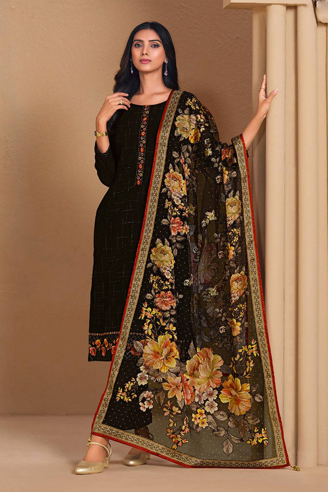 Black Floral Embroidered Chinon Straight Cut Suits