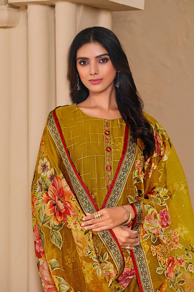 Yellow Floral Embroidered Chinon Straight Cut Suits