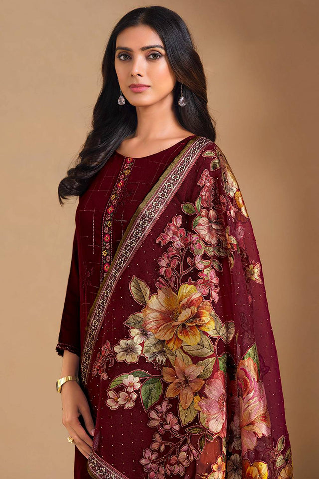 Maroon Floral Embroidered Chinon Straight Cut Suits