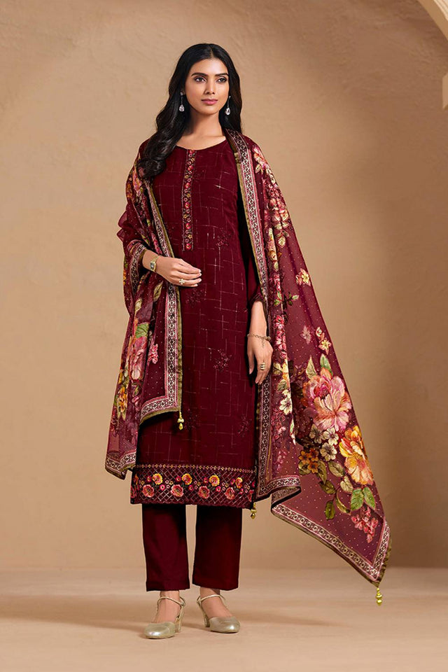 Maroon Floral Embroidered Chinon Straight Cut Suits