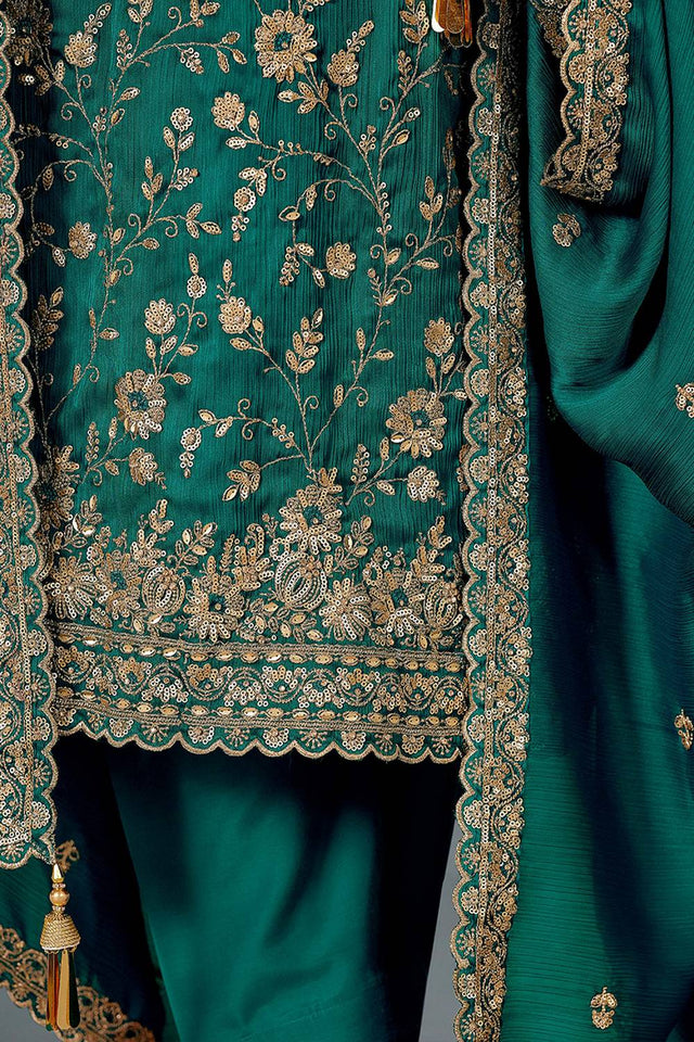 Turquoise Sequin with Embroidered Chiffon Straight Cut Suits