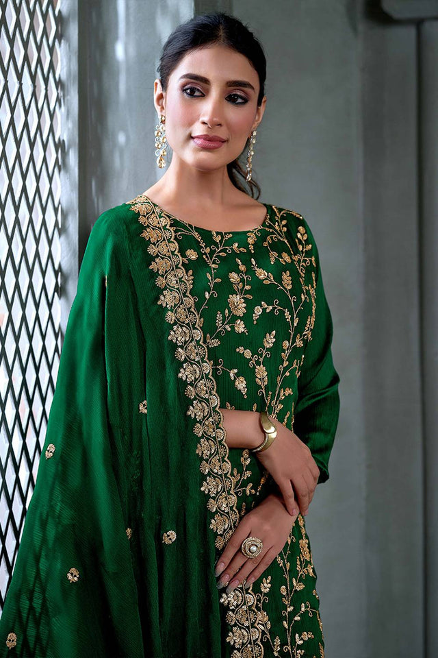 Green Sequin with Embroidered Chiffon Straight Cut Suits