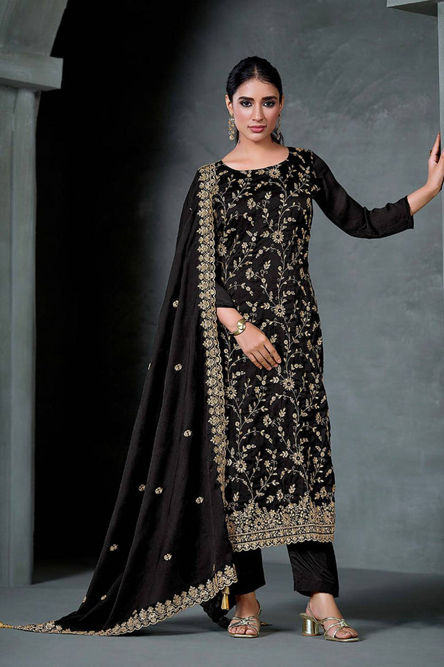 Black Sequin with Embroidered Chiffon Straight Cut Suits