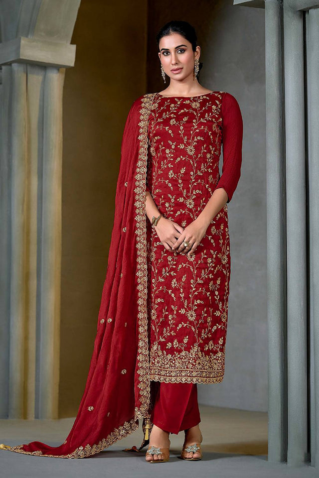 Red Sequin with Embroidered Chiffon Straight Cut Suits
