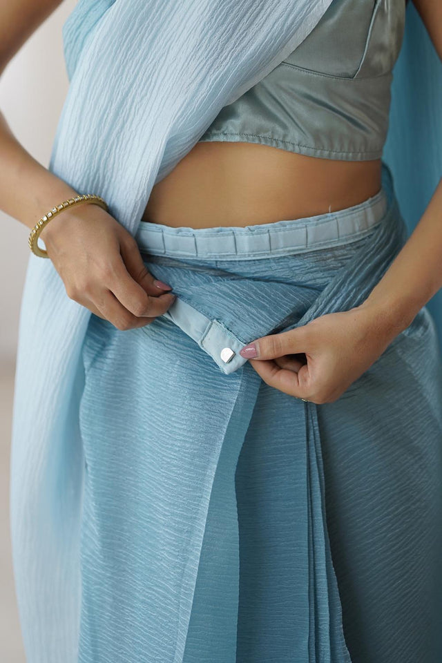 Blue Satin Silk Solid Ready to Wear Saree