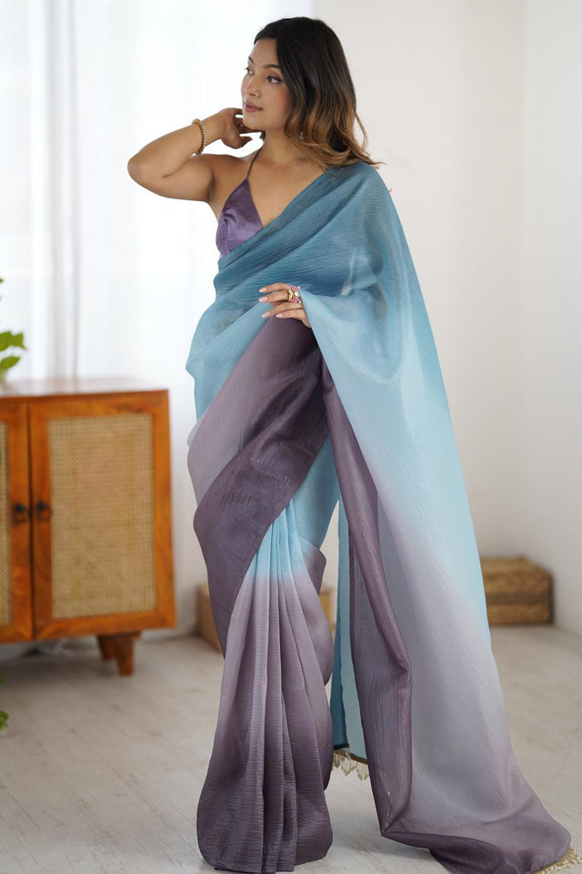 Blue Satin Silk Solid Ready to Wear Saree