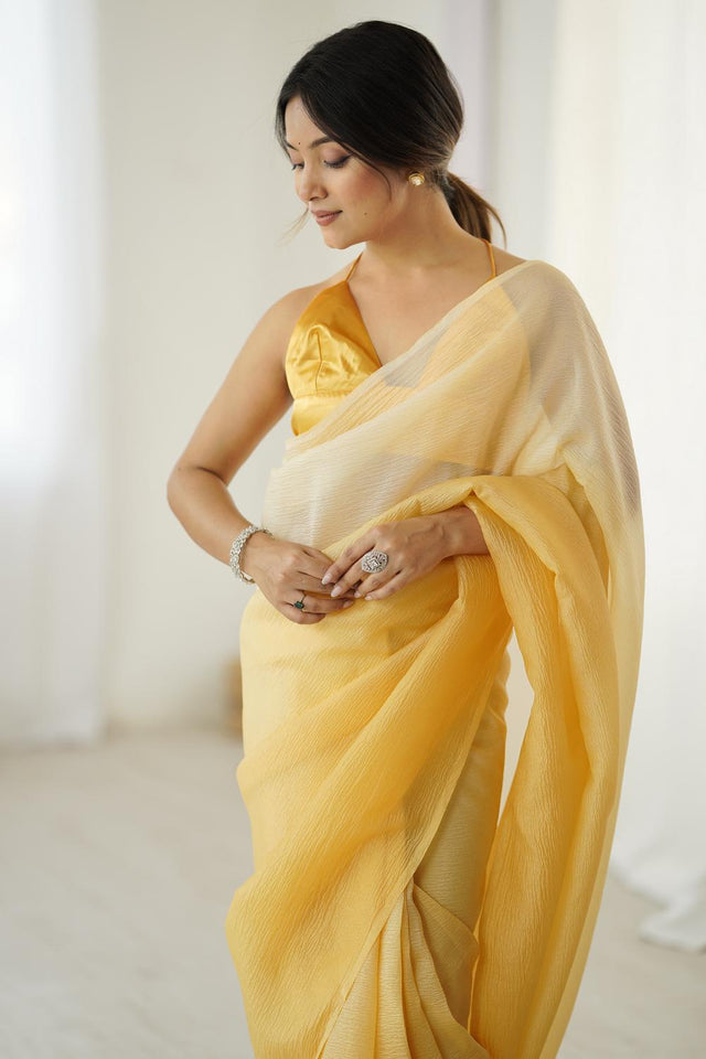 Yellow Satin Silk Solid Ready to Wear Saree