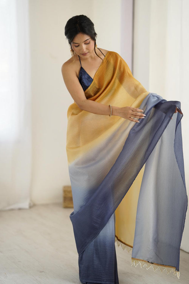 Yellow Satin Silk Solid Ready to Wear Saree