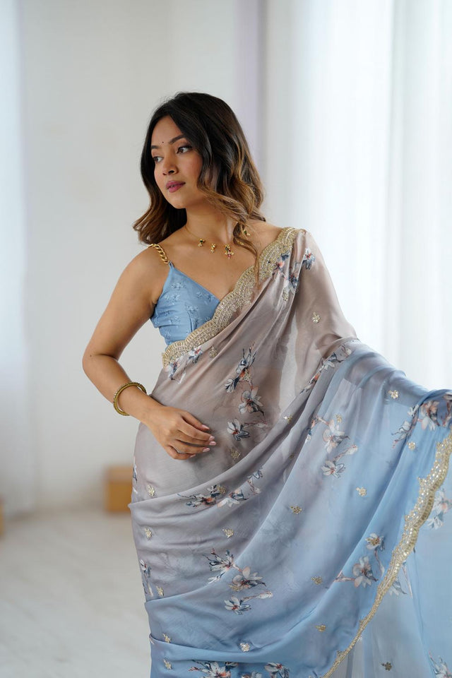 Grey Floral Printed with Sequin Embroidered Satin Saree