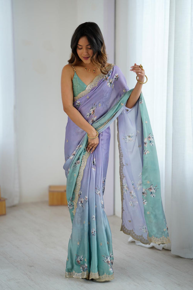 Lavender Floral Printed with Sequin Embroidered Satin Saree