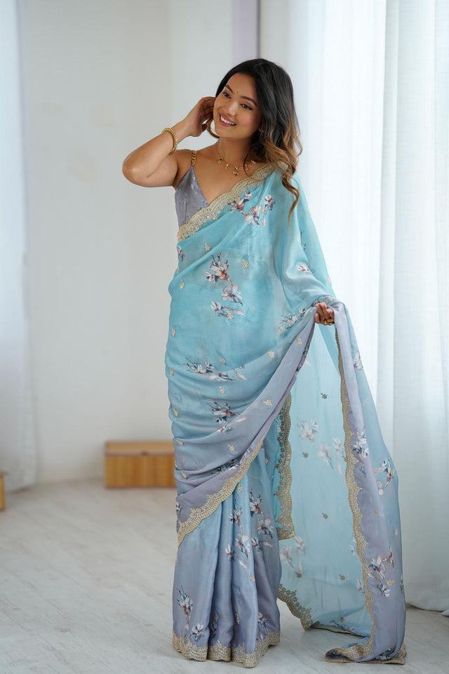 Blue Floral Printed with Sequin Embroidered Satin Saree