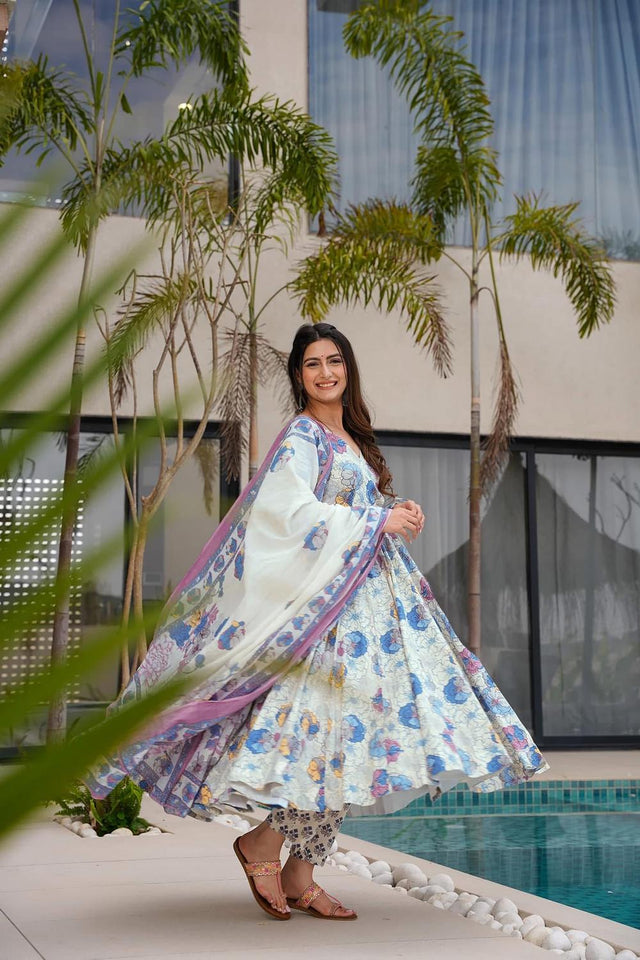 White Floral Printed Muslin Anarkali Suits (ACA5293)