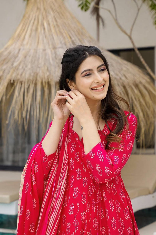 Pink Floral Printed Muslin Anarkali Suits (ACA5294)
