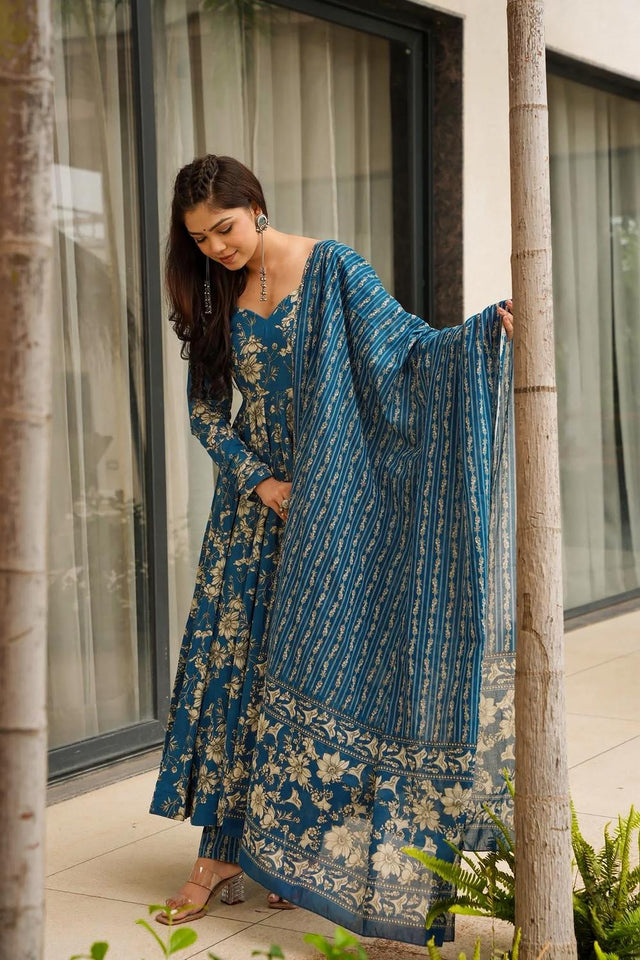 Blue Floral Printed Muslin Anarkali Suits (ACA5295)