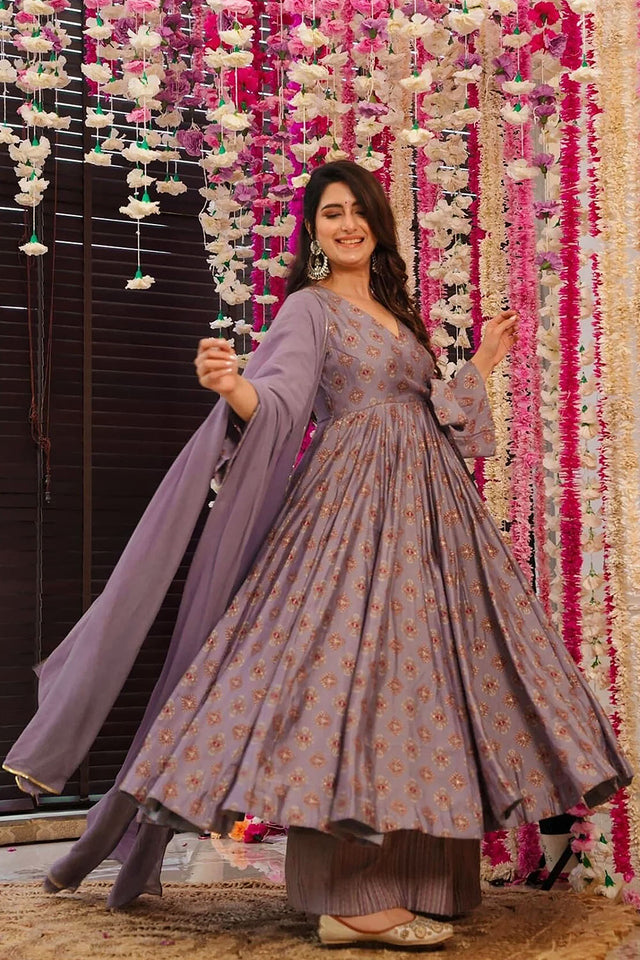 Mauve Printed Muslin Anarkali Suits (ACA5296)
