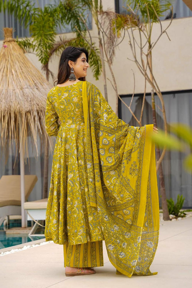 Olive Floral Printed Muslin Anarkali Suits (ACA5298)