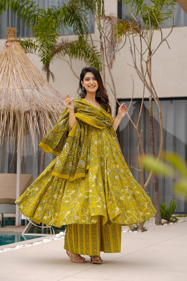 Olive Floral Printed Muslin Anarkali Suits (ACA5298)