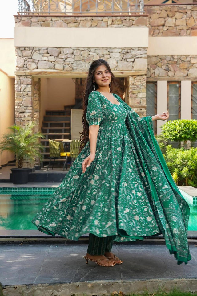 Green Floral Printed Muslin Anarkali Suits (ACA5299)