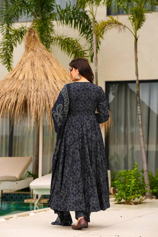 Blue Floral Printed Muslin Anarkali Suits (ACA5300)