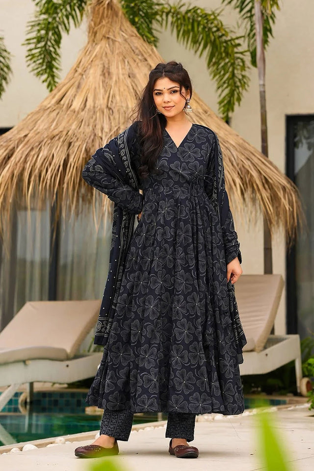Blue Floral Printed Muslin Anarkali Suits (ACA5300)