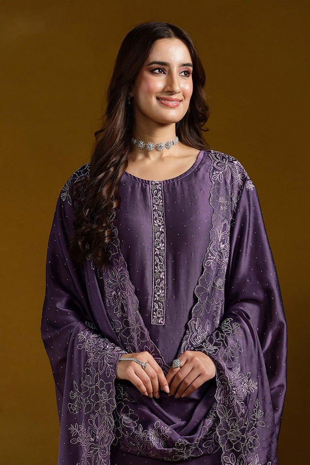 Lavender Embroidered Georgette Straight Cut Suits (ACA5312)