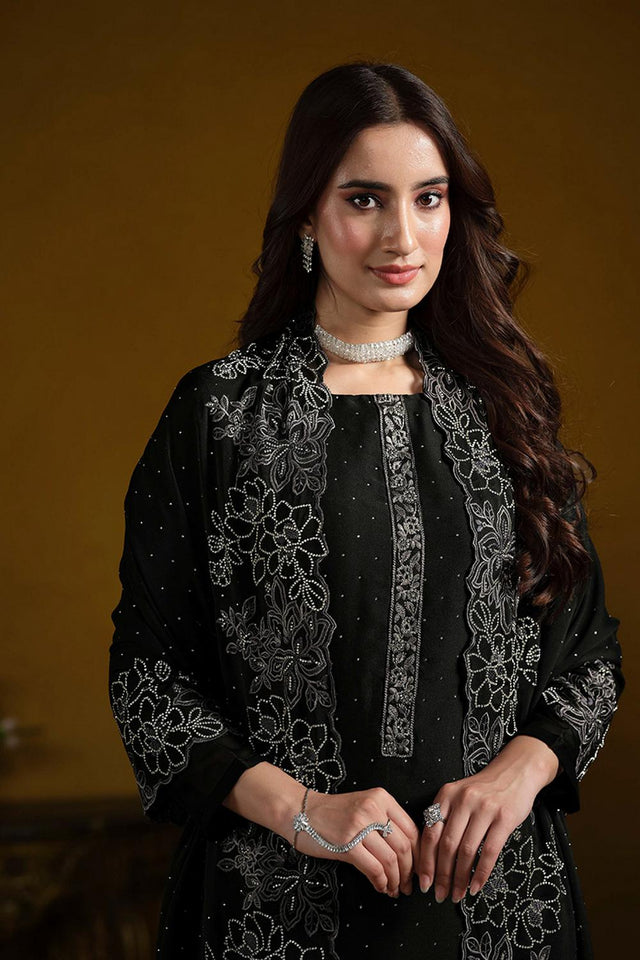 Black Embroidered Georgette Straight Cut Suits (ACA5313)