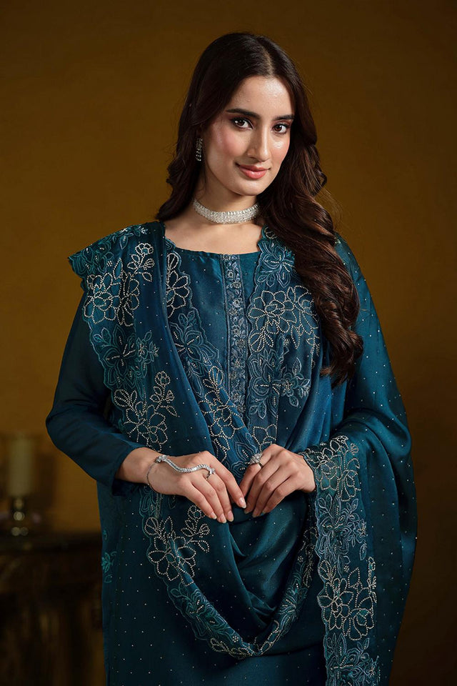 Blue Embroidered Georgette Straight Cut Suits (ACA5314)