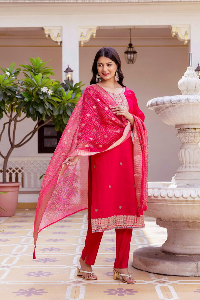 Pink Floral Embroidered Chanderi Straight Cut Suits (ACA5323)