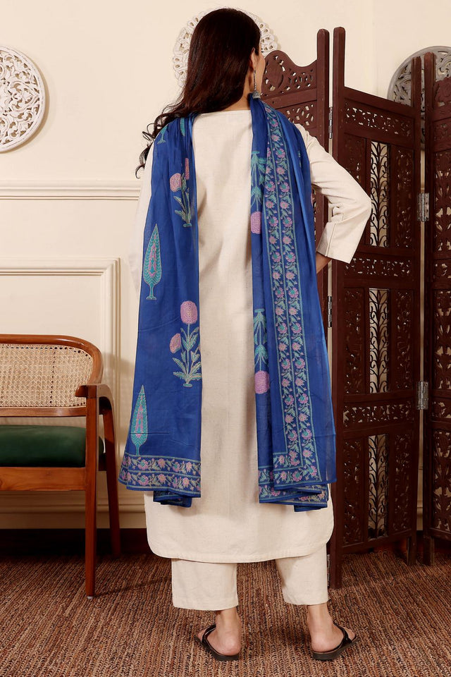 Off White Solid Chanderi Kurti Pant Set (ACA5325)