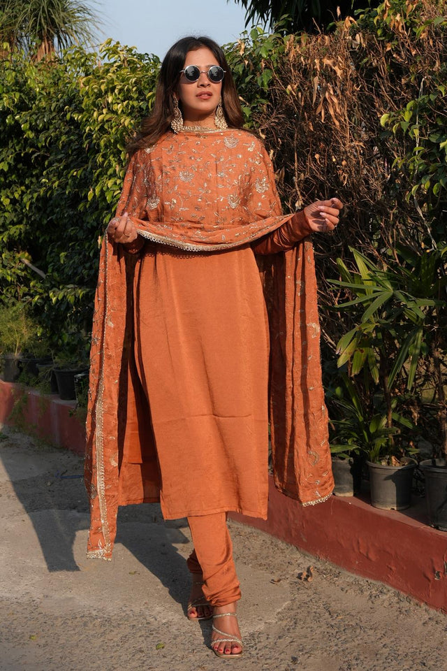 Rust Solid Silk Kurti Pant Set (ACA5330)