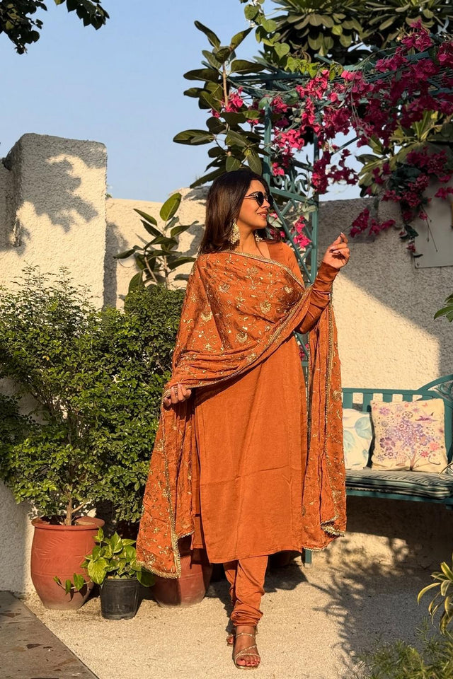 Rust Solid Silk Kurti Pant Set (ACA5330)