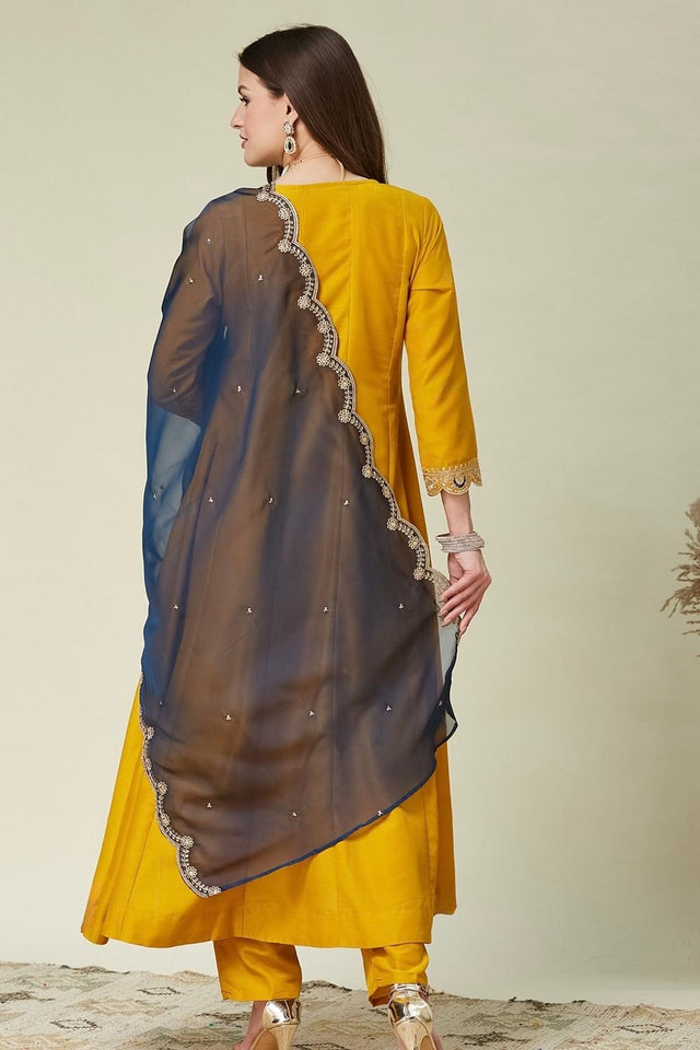 Yellow Floral Embroidered Silk Kurti Pant Set (ACA5332)