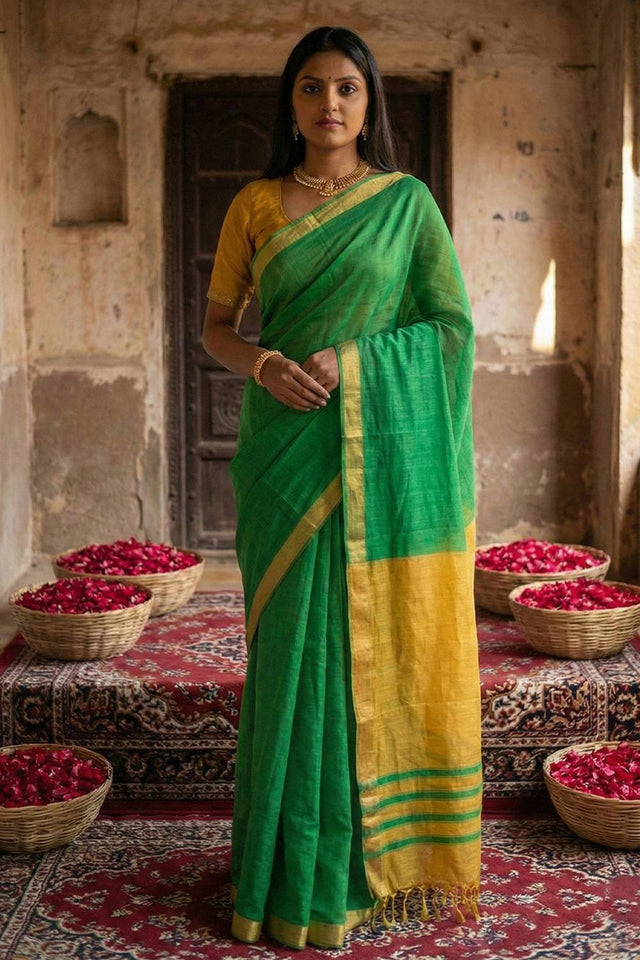 Green Woven Cotton Saree (ACA5346)