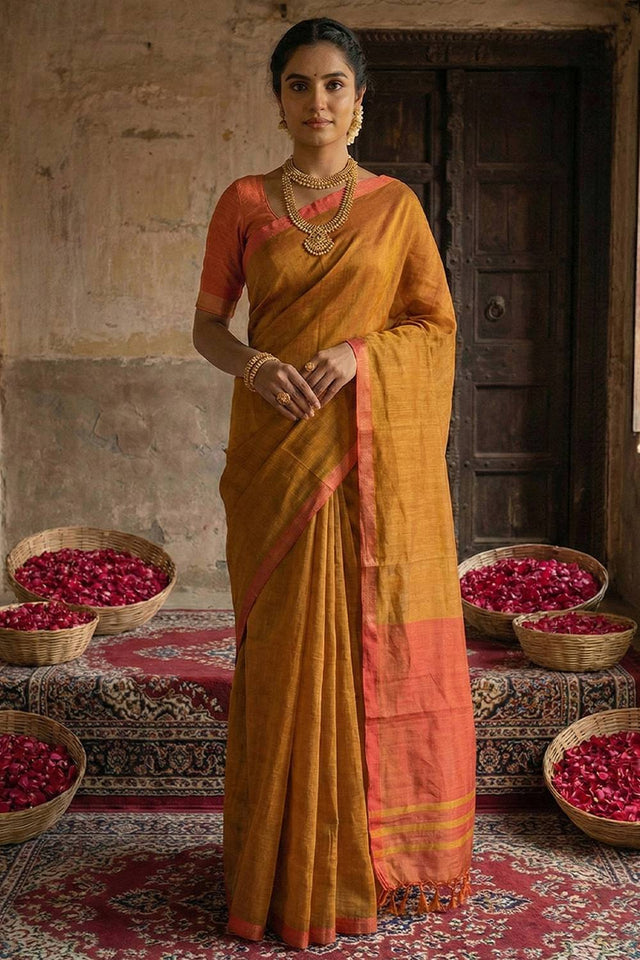 Brown Woven Cotton Saree (ACA5347)