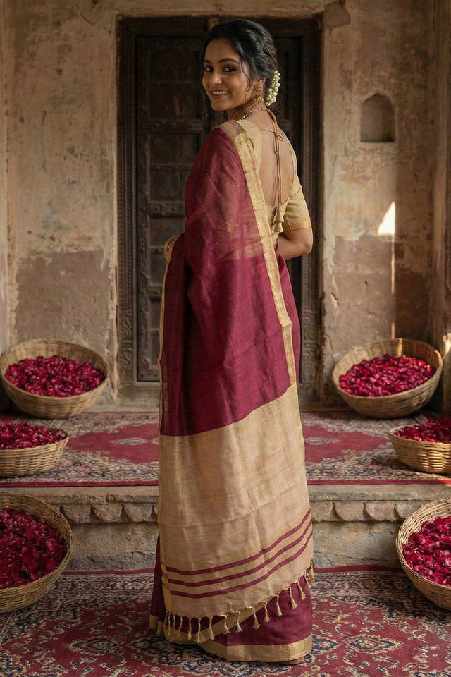 Wine Woven Cotton Saree (ACA5348)