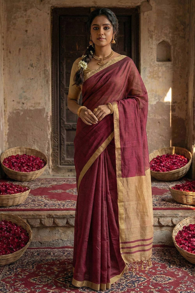 Wine Woven Cotton Saree (ACA5348)