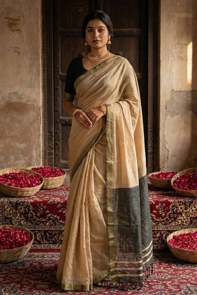 Beige Woven Cotton Saree (ACA5351)