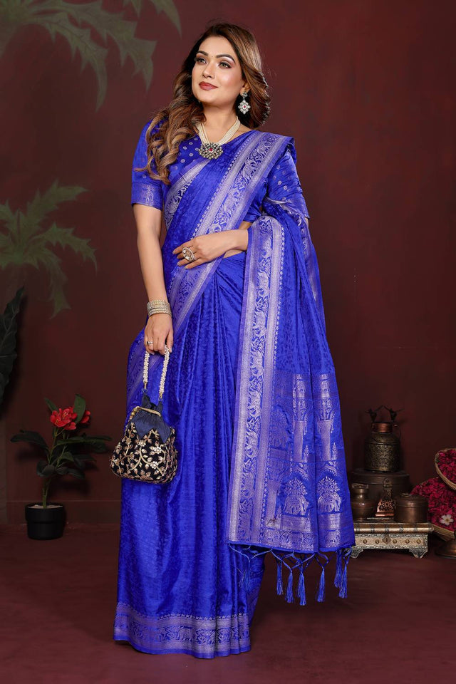 Blue Woven Satin Saree