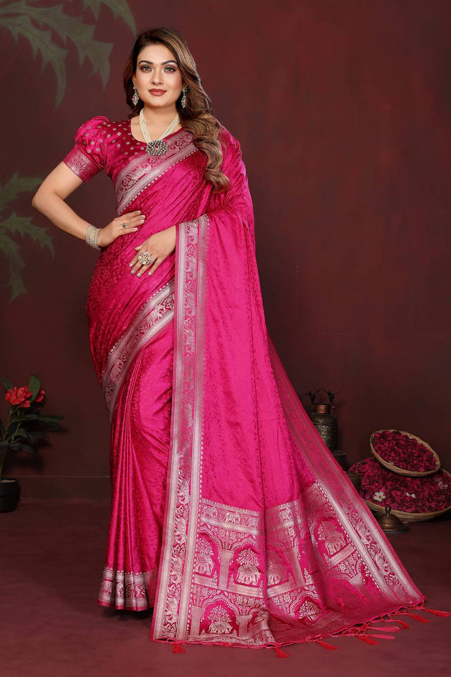 Pink Woven Satin Saree