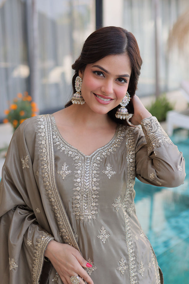 Grey Sequin with Floral Embroidered Silk Straight Cut Suits (ACA5358)