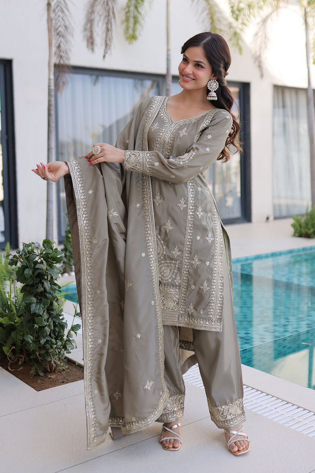 Grey Sequin with Floral Embroidered Silk Straight Cut Suits (ACA5358)