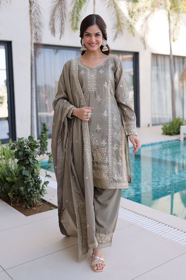 Grey Sequin with Floral Embroidered Silk Straight Cut Suits (ACA5358)