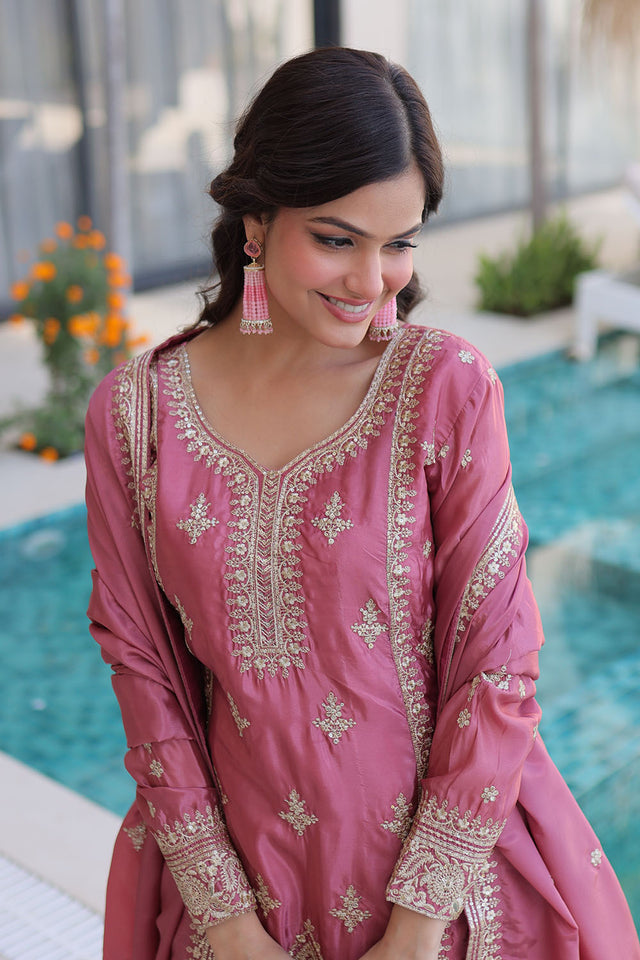 Pink Sequin with Floral Embroidered Silk Straight Cut Suits (ACA5359)